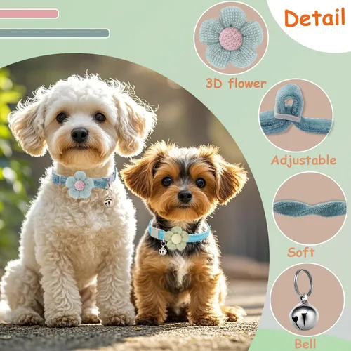 Vista 2 de Collar para perros pequeños con flor, collares para cachorros, collares para perros pequeños con campana, para hembras y machos pequeños