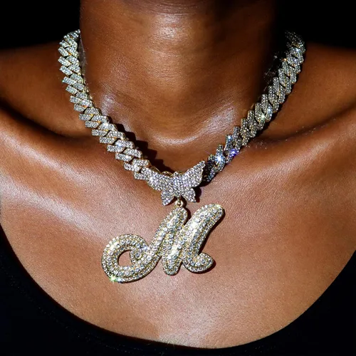 Vista 2 de Cuban Link Chain for Women Cursive Silver Initial 14MM Diamond Prong Cuban Chain Hip Hop Iced Out Chain Necklace Butterfly Initial Letter Name
