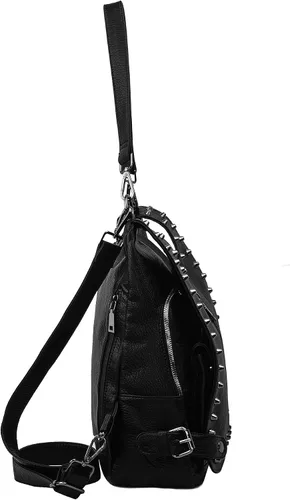 Vista 7 de Mochila de cuero para mujer, diseño de moda, de viaje, convertible, con borla, estilo acolchado, 01 Negro, Tachuelas