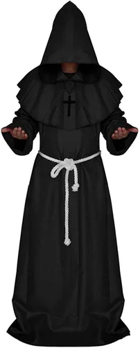 Vista 5 de LHJ - Disfraz de monje renacentista con capucha, fraile, disfraz medieval para hacer cosplay Rojo