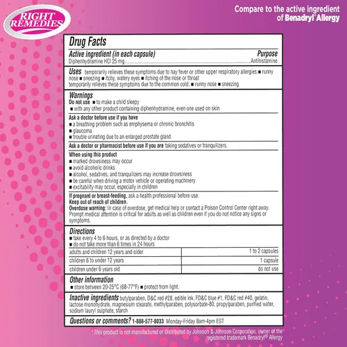 Vista 2 de RIGHT REMEDIES Cápsulas para aliviar la alergia, antihistamínico, difenhidramina HCL 25 mg, alivia las alergias estacionales en interiores