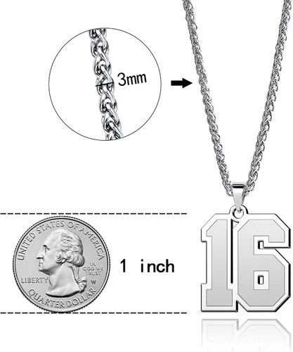 Vista 5 de Collar deportivo número del 1 al 99 para niño y hombre, colgante de número de jersey de la suerte, 0.984in de alto, joyería de acero inoxidable