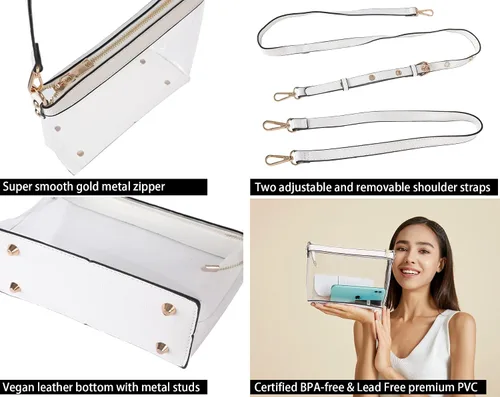 Vista 6 de Y&R Direct Bolsa cruzada 3 en 1 con cremallera transparente con ribete de cuero vegano para estadio, festival, concierto, regalos para el día