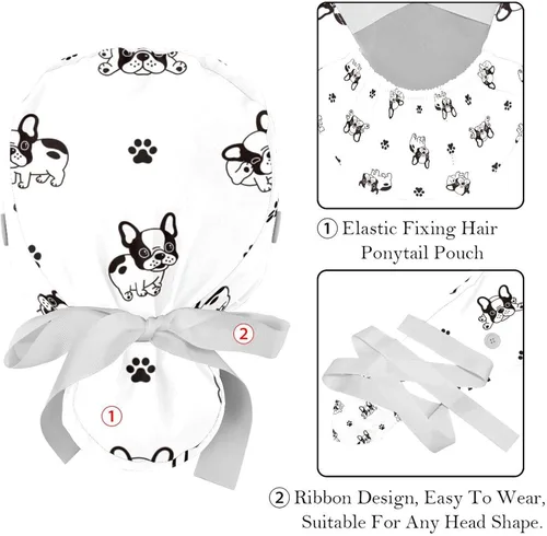 Vista 4 de FFLOWER 2 gorras de trabajo para mujer con botón lindo bulldog francés cubierta de pelo largo cinta con cordones