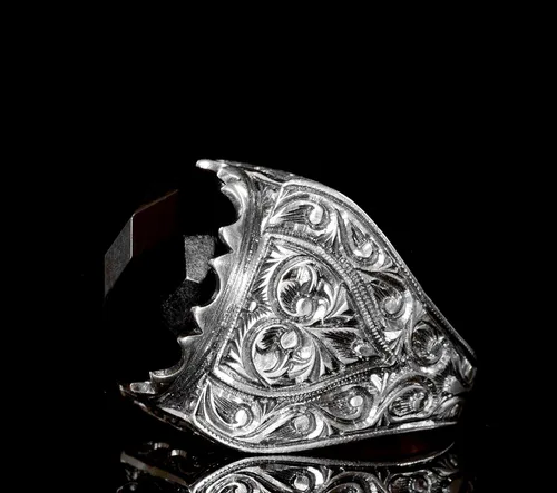 Vista 4 de 925 Sterling Silver Men's Ring with Natural Gemstone, Handmade Steel Pen Craft