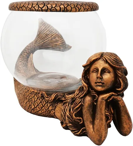 Vista 7 de Jarrón Decorativo de Sirena Mística – Acuario de Vidrio de 1 Galón, Terrario o Portavelas Figura de Sirena Antigua Dorada con Jarrón, Anillo