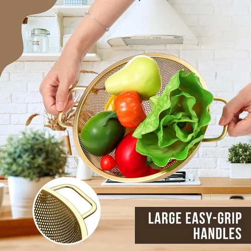 Vista 2 de Norme Colador dorado de acero inoxidable de 3 cuartos de malla fina, colador de metal para pasta, arroz y alimentos con asas, fácil de limpiar