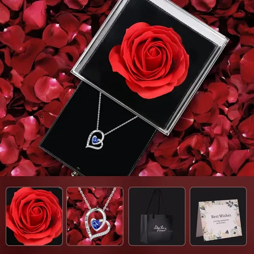 Vista 7 de Collar de rosa roja preservada con mamá, collar de piedra natal de corazón de rosa encantada eterna, regalo de cumpleaños para mamá de hija, hijo