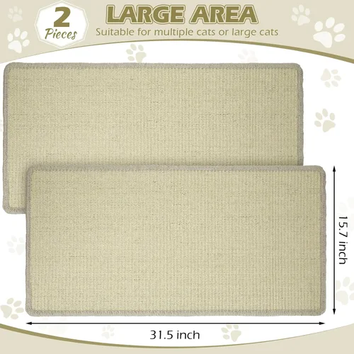 Vista 2 de Riakrum Almohadilla para arañazos para gatos, paquete de 2 alfombrillas de sisal de 32 x 16 pulgadas, almohadilla de tela natural para gatos, Beige