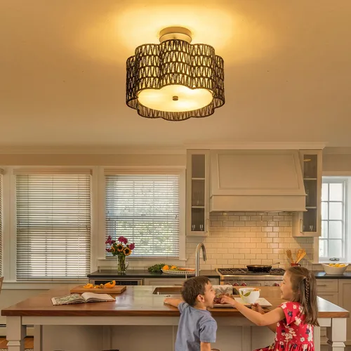 Vista 5 de ✿ Lámpara de Techo de Ratán Tejido a Mano de 13.8" con 3 Luces Montaje Empotrado Boho Negro para Dormitorio Pequeño y Guardería, Luz de Techo