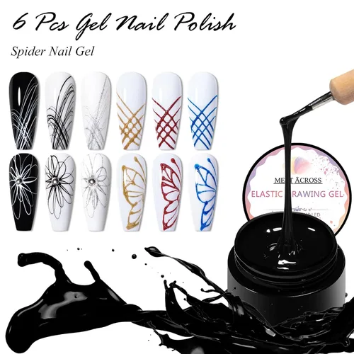 Vista 6 de Gel de araña de dibujo elástico de 6 colores, esmalte de gel UV LED, gel de dibujo para línea, manicura de arte de uñas con pinceles