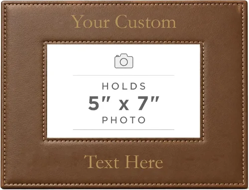 Vista 8 de Marco de fotos de piel sintética de cuero sintético grabado para añadir tu texto personalizado para colgar o en la mesa, marco de fotos familiares