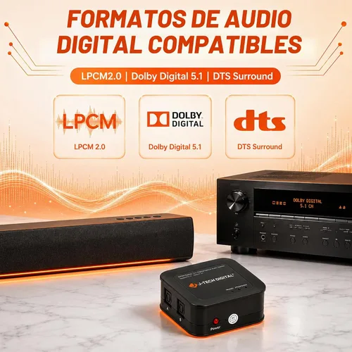 Vista 2 de J-Tech Digital Interruptor digital premium de señal de fibra óptica a audio SPDIF, con conexión TOSLINK, con control remoto