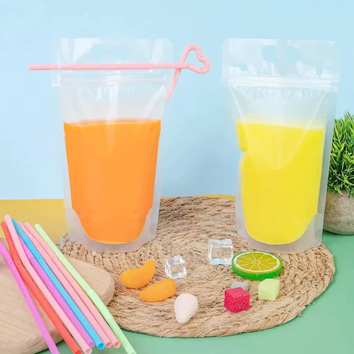 Vista 9 de Ozera - 100 bolsas de bebidas, bolsas de jugo de 16 onzas con 100 popotes y embudo Cremallera sellada, bolsas de jugo de batido de mano