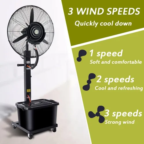 Vista 4 de Ventiladores de nebulización de patio de 26 pulgadas para exteriores, ventilador de enfriamiento de pedestal 3 velocidades, oscilación de 90°