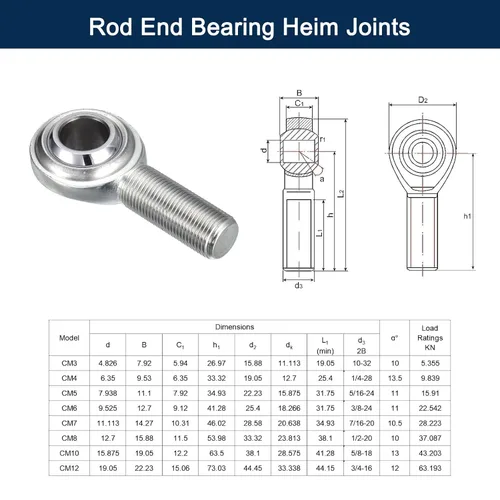 Vista 4 de CM8 Rod End Bearing Heim Joints, 1/2 x 1/2-20 Mano derecha rosca macho Heim Junta con tuercas de atasco 2pcs