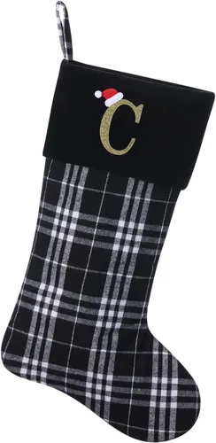 Vista 30 de Calcetines de Navidad personalizados con monograma inicial, adornos colgantes, medias clásicas de cuadros negros de 19 pulgadas, decoraciones
