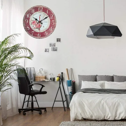 Vista 6 de YeYo Reloj de pared redondo rojo simple estilo europeo rosa reloj de pared madera MDF impermeable flores silenciosas decoración para el hogar, sala