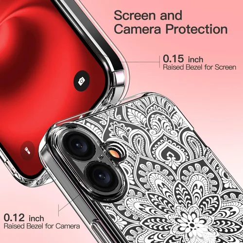 Vista 4 de ICEDIO Funda para iPhone 16+ Plus con protector de pantalla, transparente con patrones de moda, diseñada para niñas y mujeres, funda de ajuste