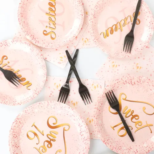 Vista 7 de 96 Piezas Platos y Servilletas de Fiesta de Cumpleaños Sweet 16 Color Oro Rosa Suministros para Fiestas Juego de Vajilla para Fiesta de Dieciséis