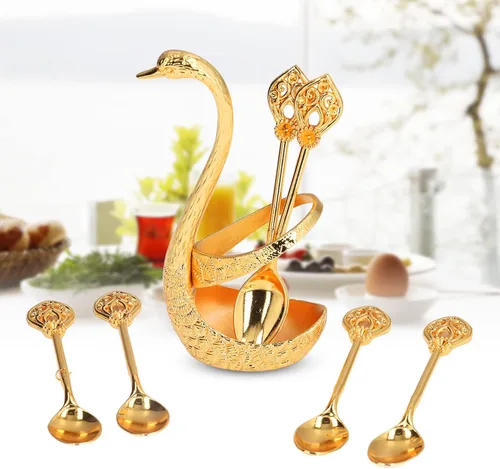 Vista 7 de Juego de cuchara de metal para postre de café, juego de cuchara de café, soporte para cuchara con base de cisne, soporte para cuchara de café, juego