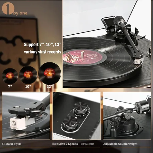 Vista 4 de 1 BY ONE High Fidelity All-in-One Record Player, Vinyl Turntable Negro