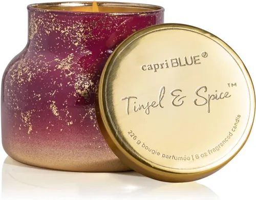 Vista 24 de Capri Blue Glimmer Mini Tin - Vela perfumada a manzana con mini portavelas, mezcla de cera de soja, Capri Blue Apple Cider Social Red and Gold