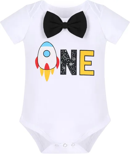 Vista 2 de IMEKIS Mameluco para bebé niño con diseño espacial para primer cumpleaños + pantalones cortos con tirantes, astronautas y accesorios para fotos