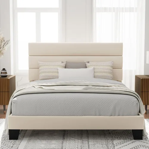 Vista 14 de Allewie Base de cama de plataforma de tamaño individual con cabecera tapizada de tela y soporte de listones de madera, base de colchón totalmente