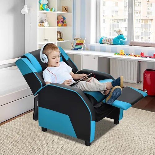 Vista 2 de Giantex Silla reclinable para niños, silla reclinable para juegos con reposapiés, reposacabezas y soporte lumbar, silla ergonómica de cuero para Azul