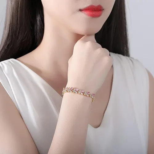 Vista 3 de Pulsera de cristal bohemio de oro de 14 quilates para mujer, pulsera de lujo con forma de rama de cristal rosa natural, pulsera de moda, regalo