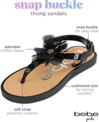 Vista 2 de bebe Sandalias para niñas zapatos de vestir planos de verano con punta abierta, sandalias con hebilla a presión con diseño de flores de gasa y suela