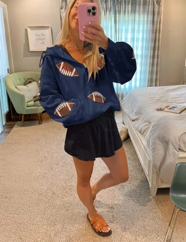 Vista 9 de SeekMe Sudaderas con capucha de lentejuelas para mujer, para el día del partido, suéteres de manga larga con cremallera y bolsillo