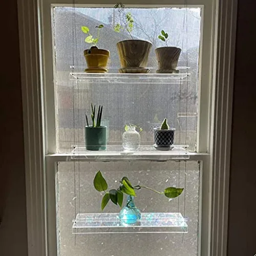 Vista 7 de Estantes acrílicos para plantas de ventana, estante de pared flotante colgante transparente, estante para macetas, estante para plantas de ventana