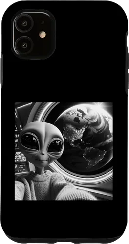 Vista 5 de iPhone 14 lindo alienígena divertido negro y blanco selfie UFO Earth caso