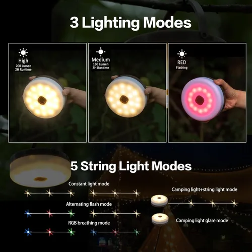 Vista 3 de Cadena de luces solares para campamento, 4 en 1, cadena de luces para acampar al aire libre (39.4 pies) con 8 modos de iluminación, funciona