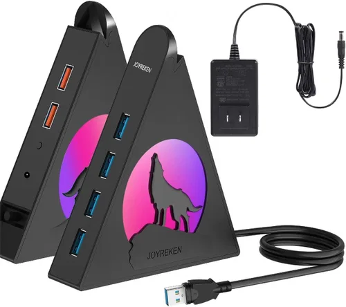Vista 8 de Hub USB 3.0 alimentado, concentrador de 6 puertos (4 puertos de datos USB 3.0 + 2 puertos de carga inteligente) con adaptador de CA de 48 W, luz RGB