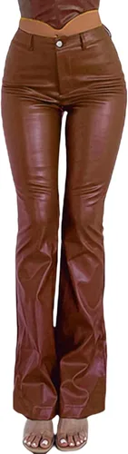 Vista 4 de WOBONIU Pantalones cargo de piel sintética para mujer, cintura baja, color sólido, holgados con bolsillos, ropa urbana Y2k