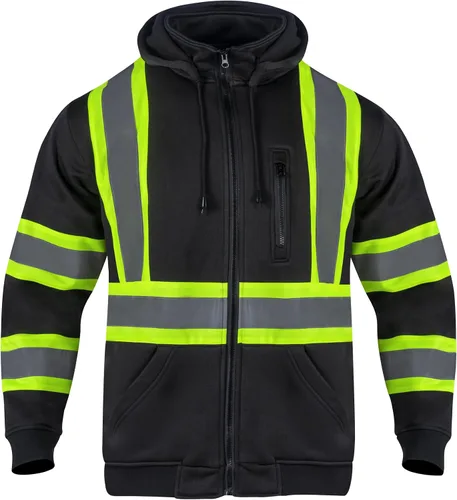 Vista 2 de VENDACE Sudadera con capucha de forro polar reflectante de alta visibilidad ANSI Clase 1 para hombres con capucha desmontable (negro, S)