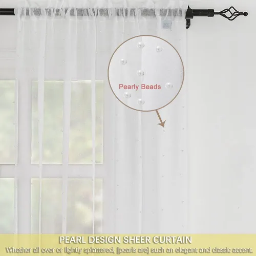 Vista 6 de Cortinas traslúcidas blancas de gasa con perlas blancas, paneles de tratamiento de ventanas, hermosas cortinas de gasa elegantes para sala de estar