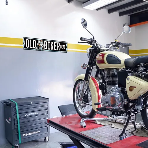 Vista 3 de Letrero de metal con texto en inglés "Old Biker Blvd", decoración de pared para el hogar, bar, garaje, 16 x 4 pulgadas