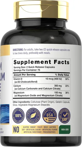 Vista 2 de Carlyle Citrato de calcio y magnesio con vitamina D3 150 cápsulas Suplemento sin OMG y sin gluten