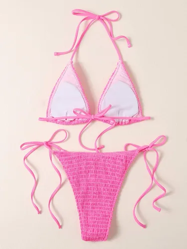 Vista 2 de SweatyRocks Traje de baño triangular de 2 piezas para mujer con parte superior halter y tanga lateral