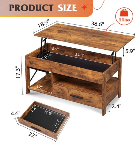 Vista 3 de WLIVE Mesa de Centro, Mesa de Centro Elevable de 39 pulgadas con Compartimento Oculto, Cajones de Almacenamiento y Estante de Almacenamiento