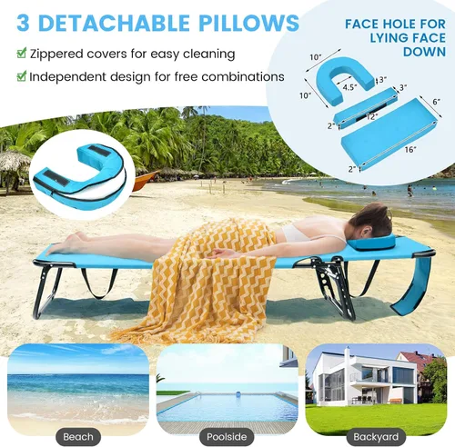 Vista 5 de GYMAX Silla de bronceado, silla de playa de 350 libras con agujero para la cara, almohada lavable y correa de transporte, tumbona plegable