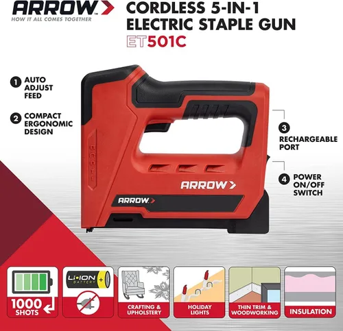 Vista 3 de Arrow ET501C - Pistola profesional inalámbrica 5 en 1 para grapas y clavos, grapadora de alambre y clavadora de clavos a batería para tapicería
