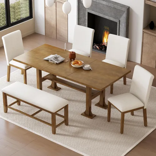 Vista 19 de JIVOIT Farmhouse 6 Piece Dining Table Set, Counter Height Table Set with 4 Chairs and a Bench, Rubber Wood Expandable Bar Table Set with Rivet Gris-3