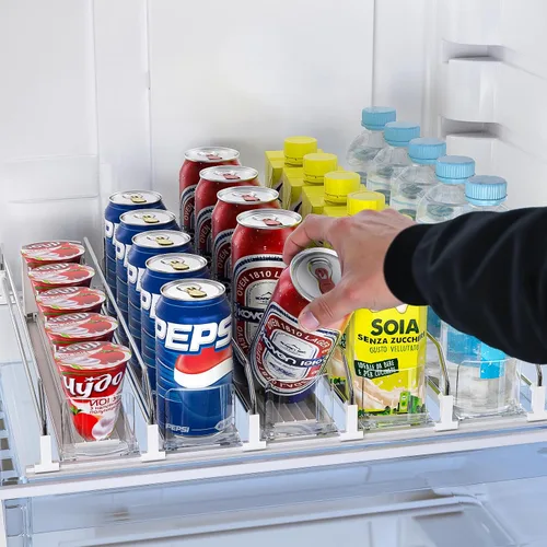 Vista 2 de Dispensador de latas de soda para refrigerador, organizador de bebidas autoempujante para nevera, organización de refrigerador de ancho ajustable