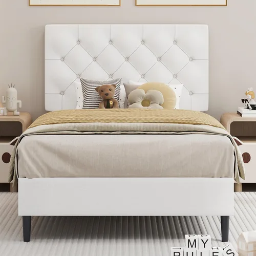Vista 19 de BarnFurin Marco de cama tamaño completo con cabecero, cama de plataforma tapizada con cabecera acolchada con botones ajustables, marco de cama