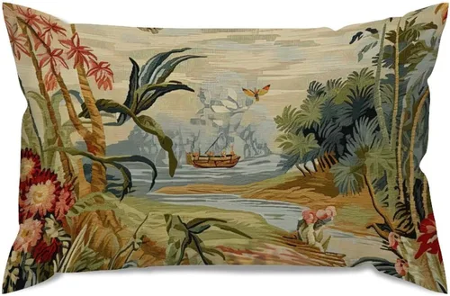 Vista 6 de ArogGeld Funda de cojín lumbar asiática de estilo chinoiserie, de lino marrón, pájaro y flor, funda de almohada asiática para sala de estar, A-6